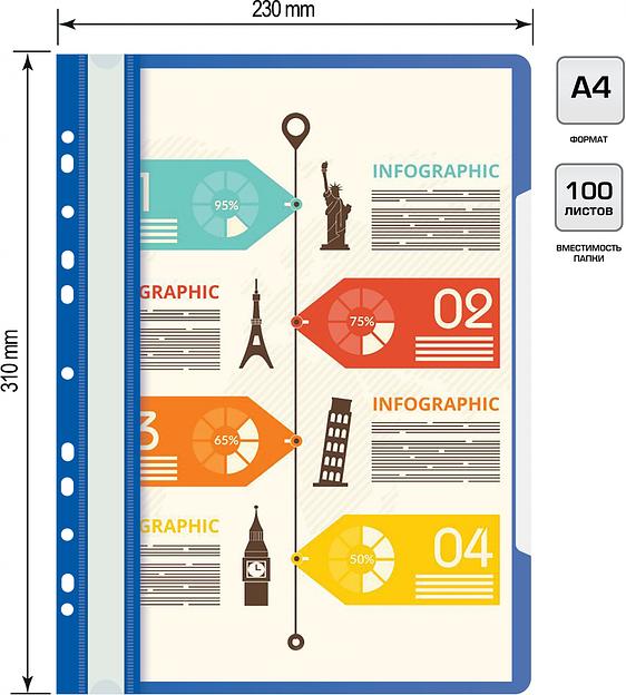 Папка-скоросшиватель Бюрократ PS-P20BLU A4 прозрач.верх.лист боков.перф. пластик синий фото 4