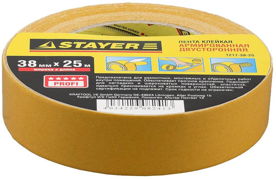 STAYER 38 мм, 25 м, на тканевой основе, двухсторонняя клейкая лента, Professional (1217-38-25) фото 1