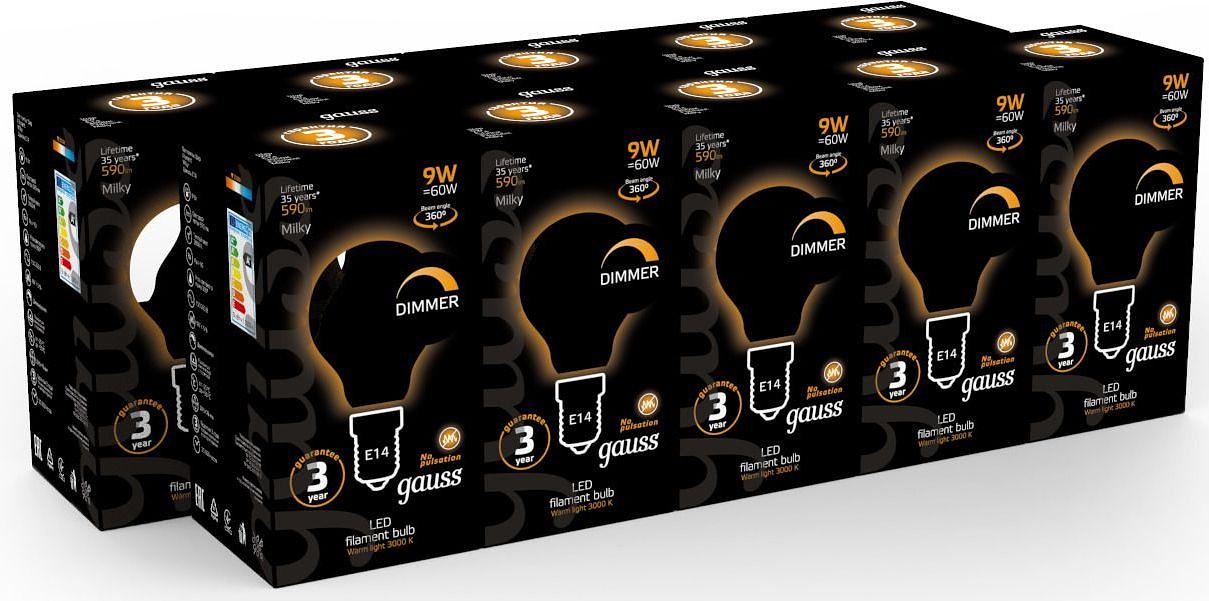 Лампа светодиодная Gauss Filament 105201109-D 9Вт цок.:E14 шар 220B 3000K св.свеч.бел.теп. (упак.:10шт) фото 5