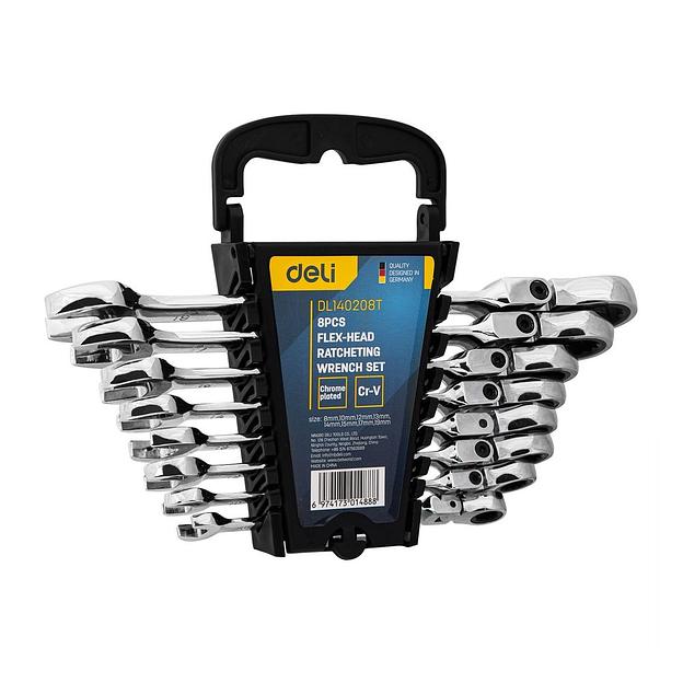 Ключи Deli Набор комбинированных шарнирных ключей с трещоткой 8 шт Deli DL140208T размеры 8,10,12,13,14,15,17,19мм, сталь 40Cr, трещотка 50BV30 72 зуба, пластиковый кейс фото 1