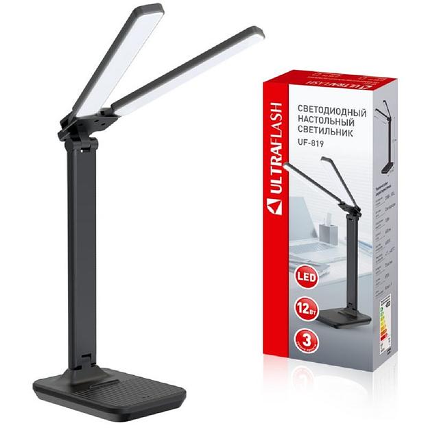 Ultraflash UF-819 C02 черный (Led, светильник настольный, 12Вт, 6000К, 3ур.яркости, 2 плафона, кожа) фото 1
