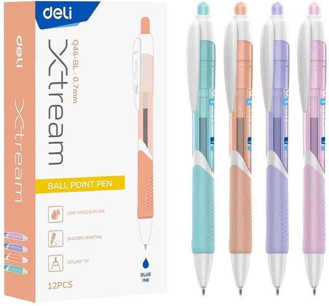 Ручка шариков. автоматическая Deli (EQ46) ассорти d=0.7мм син. черн. кор.карт. игловидный пиш. наконечник резин. манжета фото 1