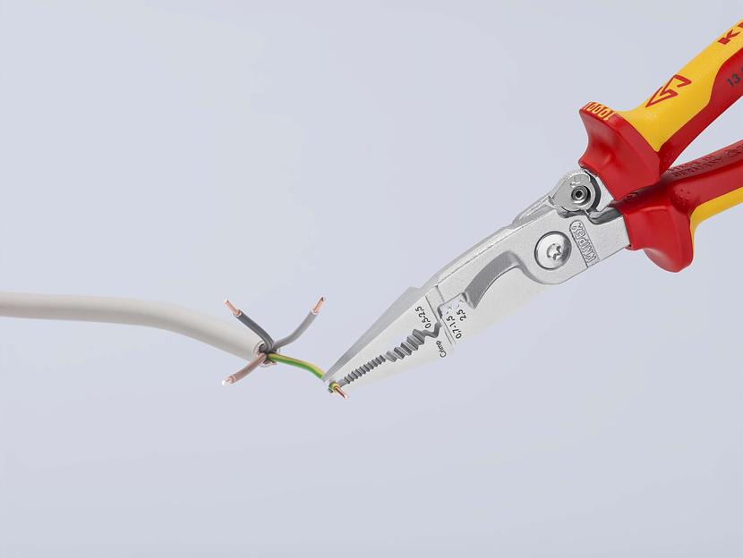 Клещи электромонтажные VDE 1000V 6-в-1 захват плоского и круглого материала гибка удаление заусенцев снятие изоляции 075 - 15 + 25 мм обжимка контактных гильз 05 - 25 мм кабелерез 15 мм (5 х 25 мм) L-200 мм диэлектрические защёлка-собачка хромир фото 6