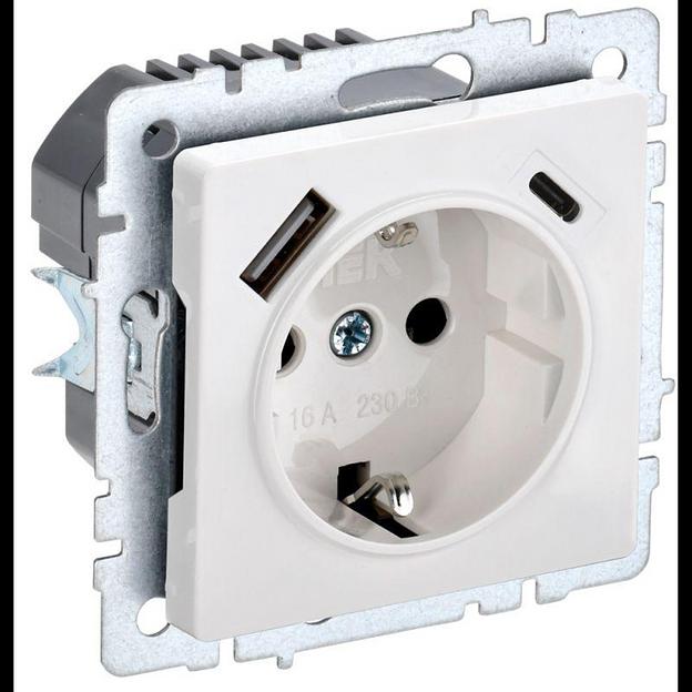 Розетка BRITE РЮш11-1-БрБ 16А с USB A+C 18Вт с заземл. защ. шторки бел. IEK BR-R14-16-U22-018-K01 фото 1