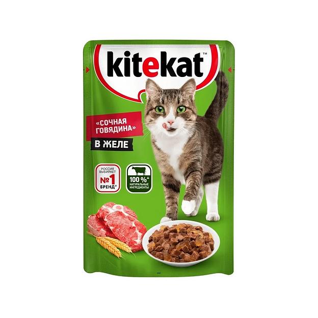 Влажный корм для кошек KITEKAT «Сочная говядина» в желе, 85 г фото 1