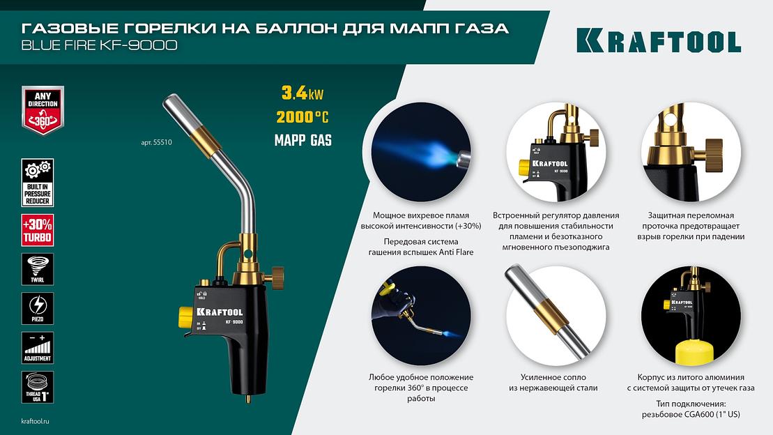 KRAFTOOL KF-9000, с пьезоподжигом на баллон турбо нагрев + 30% 2000°C, Газовая горелка Blue Fire (55510) фото 9