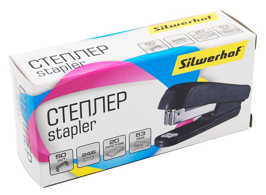 Степлер Silwerhof 401077-01 24/6 (20листов) черный 50скоб пластик закрытый коробка фото 4