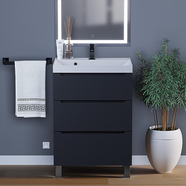Тумба под раковину для ванной Uperwood Tanos 60 см, напольная, черная матовая, 3 ящика фото 1
