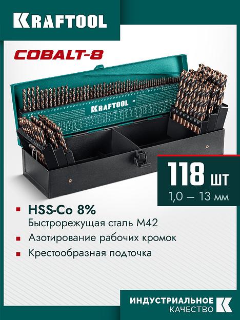 KRAFTOOL Cobalt, 118 шт, (1-13 мм), сталь М42, HSS-Co(8%), набор сверл по металлу (29656-H118) фото 2