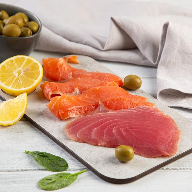 Нарезка-слайсы: «Филе тунца и форели, подкопченные», замороженные, в\у, 150гр. фото 3