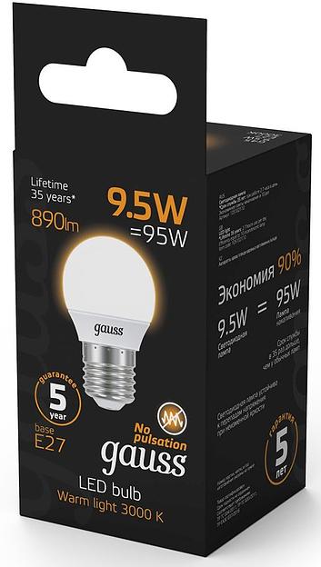 Лампа светодиодная Gauss 9.5Вт цок.:E27 шар 220B 3000K св.свеч.бел.теп. P45 (упак.:1шт) (105102110) фото 5