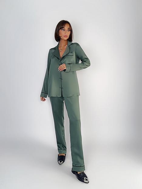 Пижама женская из тенселя с брюками и рубашкой «Хаки», Опт фото 2