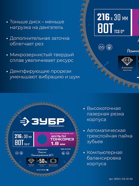 ЗУБР Мульти Тонкорез 216х30 x 1.8 мм, 80Т, диск пильный универсальный, тонкий рез, Профессионал (36934-216-30-80) фото 4
