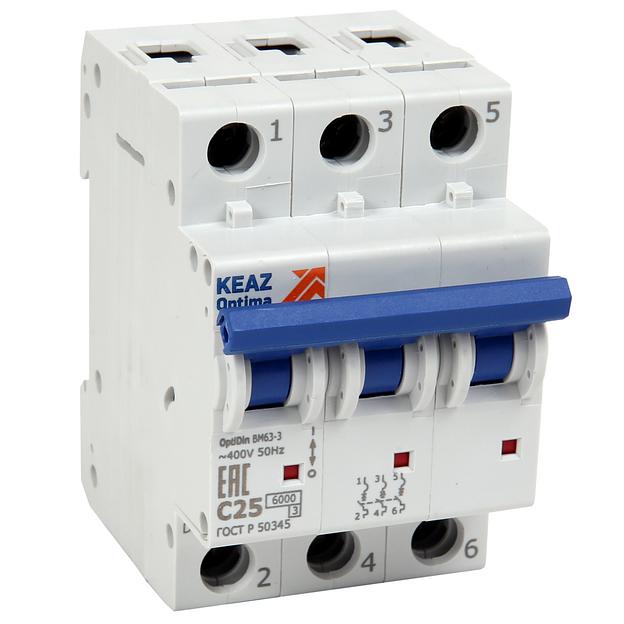 Выключатель автоматический модульный 3п C 63А 6кА OptiDin BM63-3C63-УХЛ3 КЭАЗ 260802 фото 1