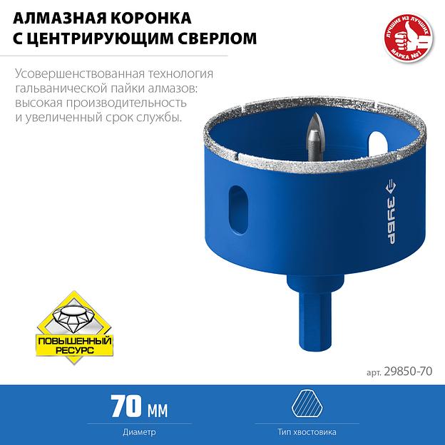 ЗУБР АГК d 70 мм (центр. сверло, трехгр. хвост, Р60), Алмазная коронка, Профессионал (29850-70) фото 5