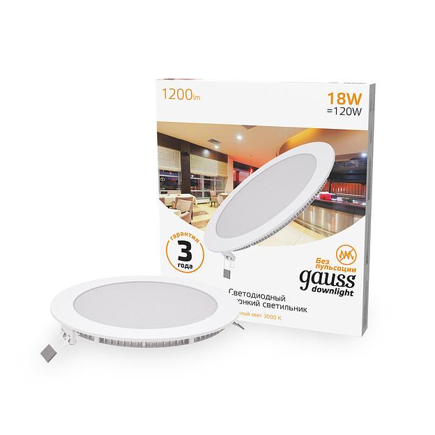 Светильник светодиодный встраиаемый LED ДВО 18 Вт 1200 Лм 3000К IP20 d225х22 мм монт d210 мм Slim Gauss Gauss 939111118 фото 2