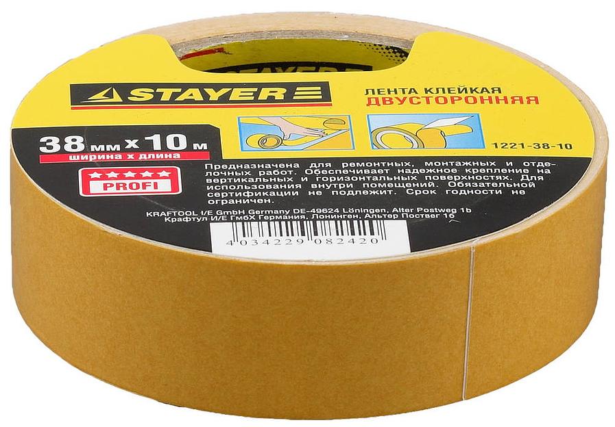 STAYER 38 мм, 10 м, на полипропиленовой основе, двухсторонняя клейкая лента (1221-38-10) фото 1