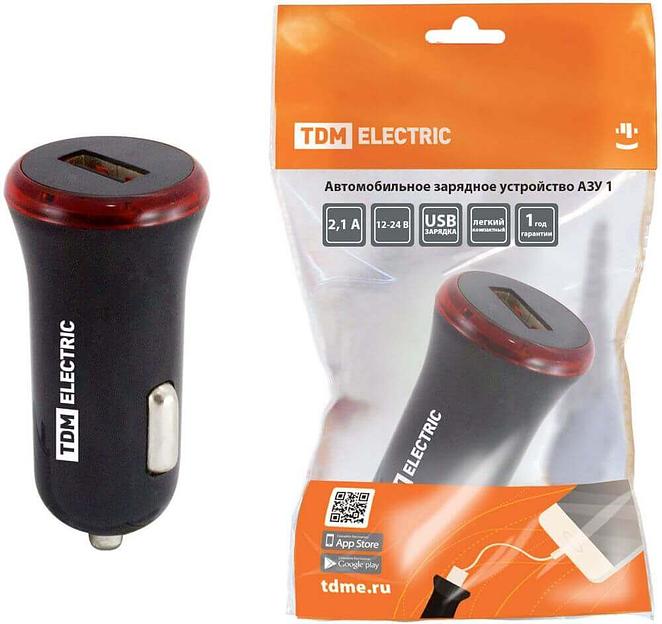 Автомобильное зарядное устройство АЗУ 1, 2,1А, 1 USB, черный, TDM фото 1