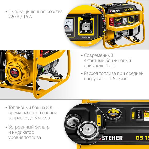 STEHER 1200 Вт, бензиновый генератор (GS-1500) фото 5