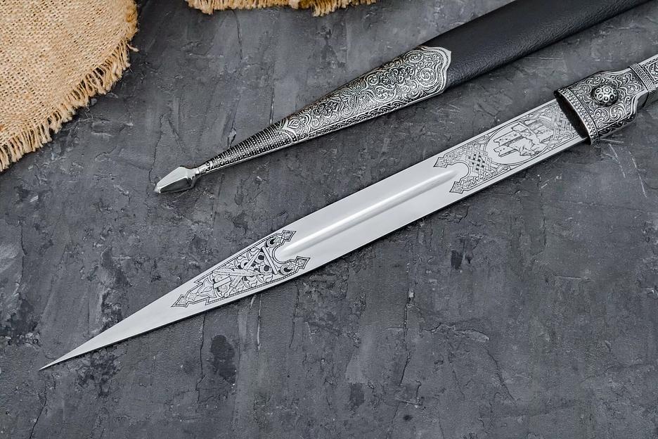 Кинжал сувенирный со вставкой из мельхиора, в коже арт.К-02 ОПТ фото 2