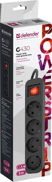 Сетевой удлинитель Defender G430 3м (4 розетки) черный (коробка) фото 3