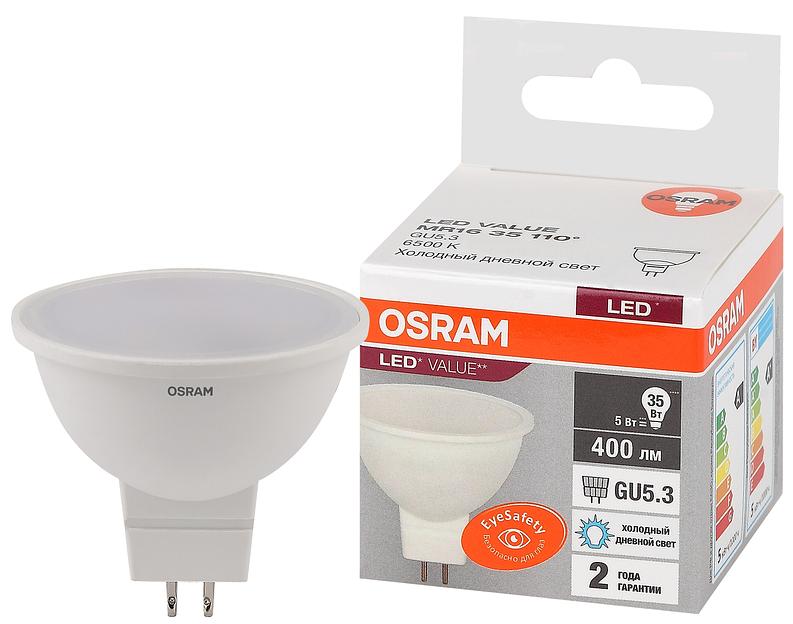 Лампа светодиодная LED 5 Вт GU5.3 6500К 400Лм спот 220 В (замена 35Вт) OSRAM фото 1