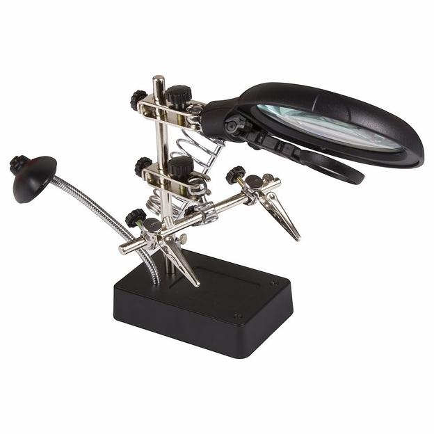 REXANT (12-0250) Держатель "третья рука" с лупой х2.5, подставка под паяльник, LED подсветка фото 1