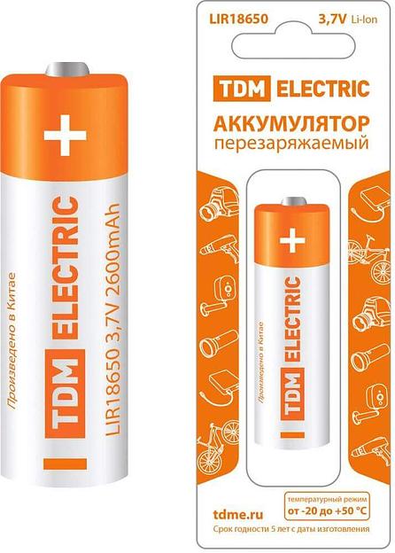 Аккумулятор LIR18650 3,7 В 2600 мА*ч Li-Ion, с защитой, BP-1 TDM фото 1