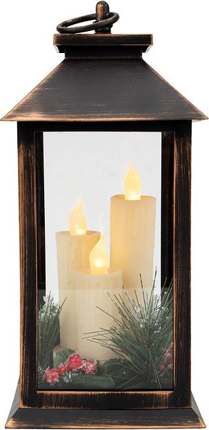 Декоративный фонарь со свечкой и шишкой, бронзовый корпус, размер 14x14x27 см, цвет теплый белый фото 1