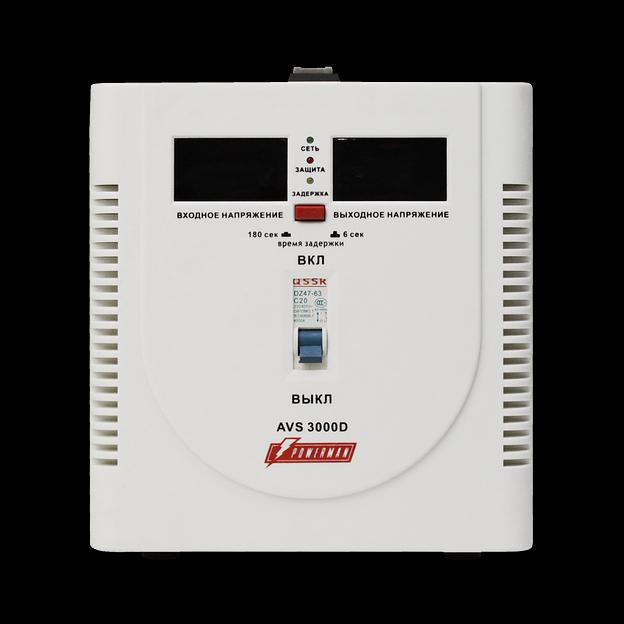 Стабилизатор POWERMAN AVS 3000D, ступенчатый регулятор, цифровые индикаторы уровней напряжения, 3000ВА, 140-260В, максимальный входной ток 20А, клеммная колодка, IP-20, напольный, 280мм х 200мм х 225мм, 6.8 кг. POWERMAN AVS 3000D фото 2