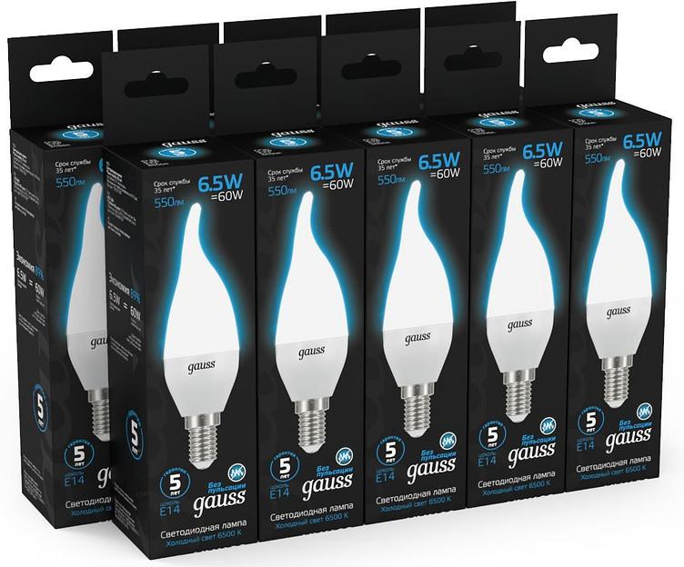 Лампа светодиодная Gauss 104101307 6.5Вт цок.:E14 свеча 220B 6500K св.свеч.бел.хол. (упак.:10шт) фото 5