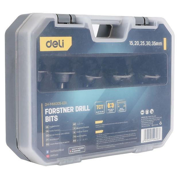 Набор оснастки Deli Набор сверл Форстнера 5 шт (15/20/25/30/35мм) Deli DH-MKK005-ED1 ограничитель глубины, пласт. кейс фото 3