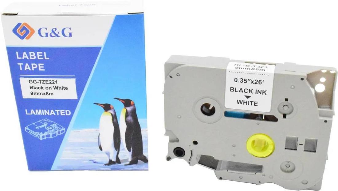 Картридж ленточный G&G, аналог Brother TZE221 черный на белом 9х8 фото 1