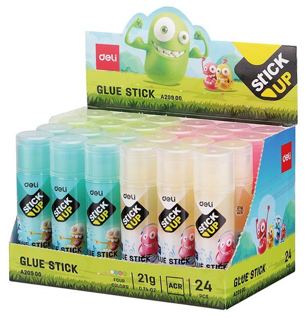 Клей-карандаш Deli EA20900 21гр корп.ассорти/прозрачный дисплей картонный детский Stick UP фото 1