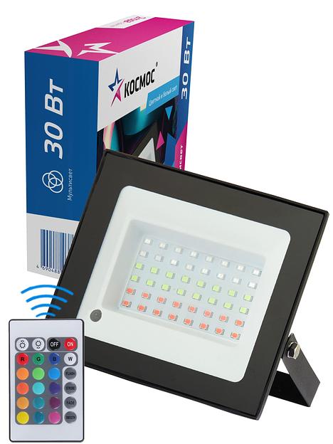 Прожектор светодиодный 30Вт, RGB с пультом, IP65, КОСМОС фото 1