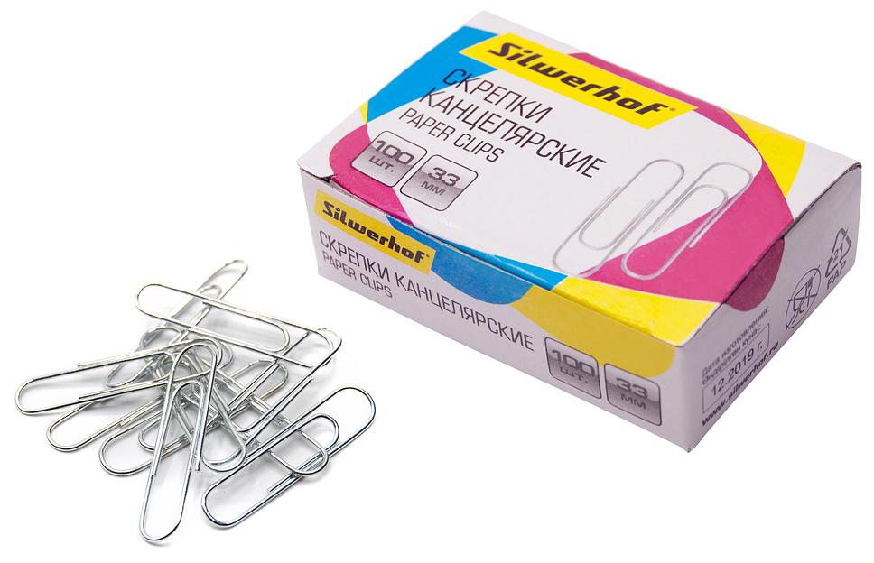 Скрепки Silwerhof 491038 металл оцинкованные 33мм (упак.:100шт) картонная коробка фото 1