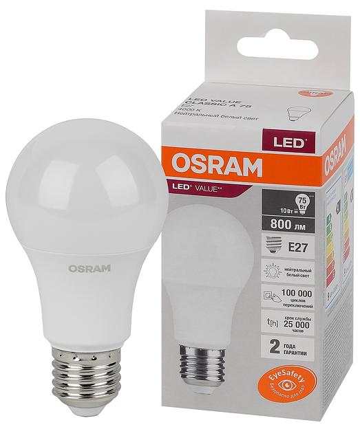 Лампа светодиодная LED 10 Вт E27 4000К 800Лм груша 220 В (замена 75Вт) OSRAM фото 1