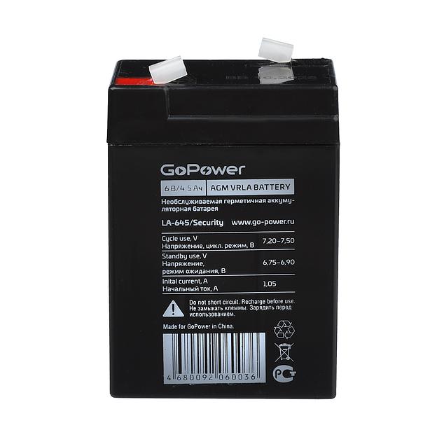 Аккумулятор свинцово-кислотный GoPower LA-645/security 6V 4.5Ah (1/20) Аккумулятор свинцово-кислотный GoPower LA-645/security (00-00015321) фото 1