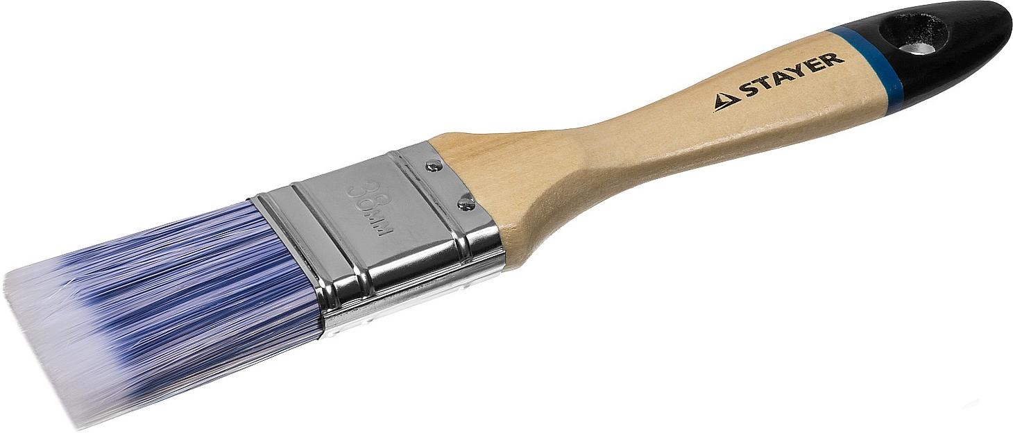 STAYER AQUA, 38 мм, 1.5″, искусственная щетина, деревянная ручка для воднодисперсионных и акриловых ЛКМ, плоская кисть (01062-038) фото 1
