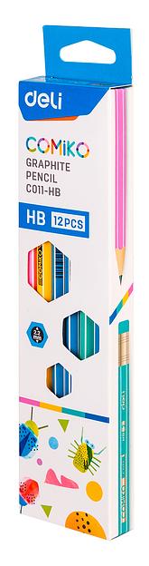 Карандаш чернографит. Deli EC011-HB Comiko HB шестигран. липа ластик коробка картонная (12шт) фото 3