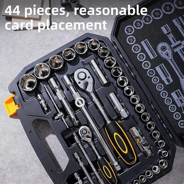 Набор торцевых головок и ключей 44 предмета Deli DL1044 1/2"+1/4", сталь Cr-V, комплектация: торцевые головки (1/4" 4-14мм, 1/2" 8-32мм), 10 удлинительных/соединительных стержней, трещотки 1/4" и 1/2" 45 зубьев, пластиковый кейс фото 2