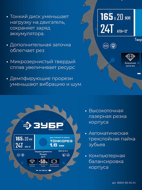 ЗУБР Тонкорез 165х20 x 1.6 мм, 24Т, диск пильный по дереву, тонкий рез, Профессионал (36933-165-20-24) фото 4