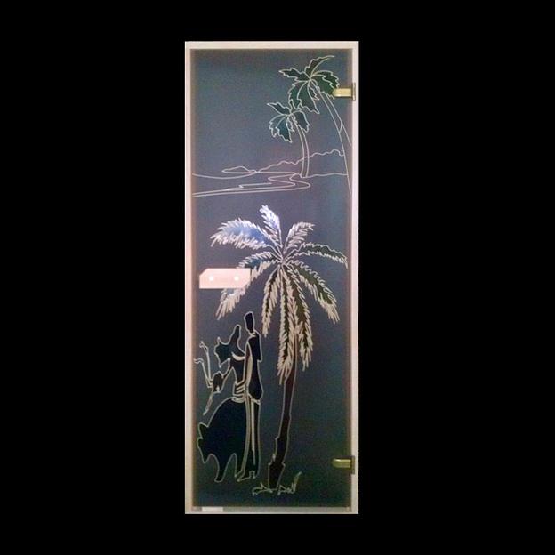 Двери для бани/сауны матовая витражная заливка пальмы фото 1