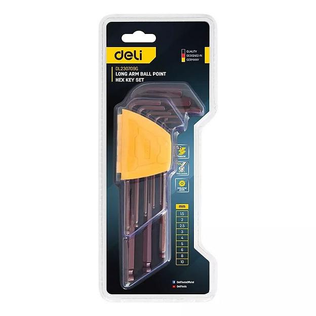 Ключ Deli Набор шестигранных ключей с шаром удлиненных Deli DL230709G 9 шт S2, размеры 1,5,2,2,5,3,4,5,6,8,10мм, пластиковый держатель фото 3