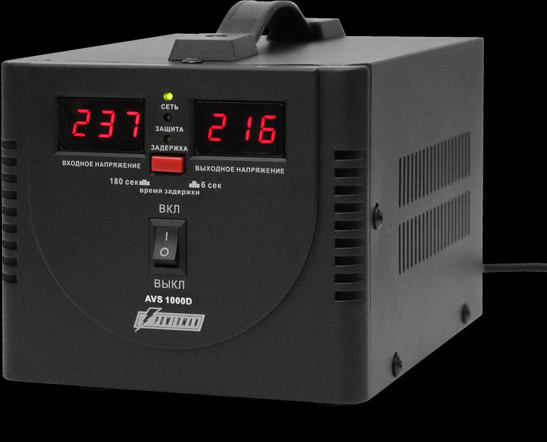 Стабилизатор POWERMAN AVS 1000D, черный, ступенчатый регулятор, цифровые индикаторы уровней напряжения, 1000ВА, 140-260В, максимальный входной ток 7А, 2 евророзетки, IP-20, напольный, 200мм х 150мм х 140мм, 2,3 кг. POWERMAN AVS 1000D (POWERMAN AVS 1000D фото 1