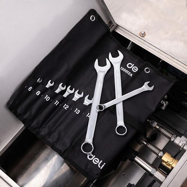 Ключи Deli Набор комбинированных гаечных ключей 12 шт Deli DL130012A размеры 6,8,10,11,12,13,14,15,17,19,22,24мм, матовая хромированная поверхность, чехол из ткани Оксфорд фото 7