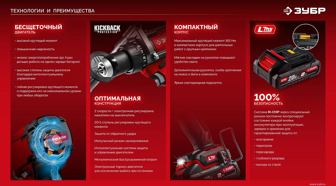 ЗУБР 20 В, 165 Н·м, 1 АКБ LMS (2 А·ч), бесщеточная дрель-шуруповерт (ДБ-165-21) фото 7