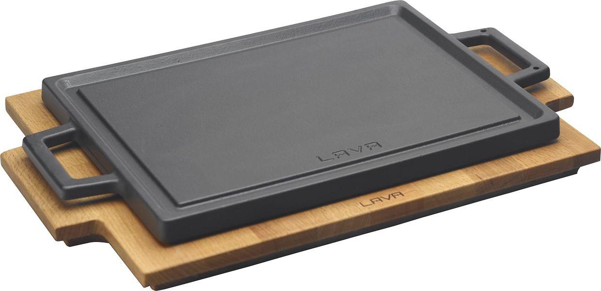 Сковорода-гриль порц. 22*30 см. h=1,5 см. порц. с 2 ручками, на дерев. подставке, чугун. ECO LAVA /1/ фото 1