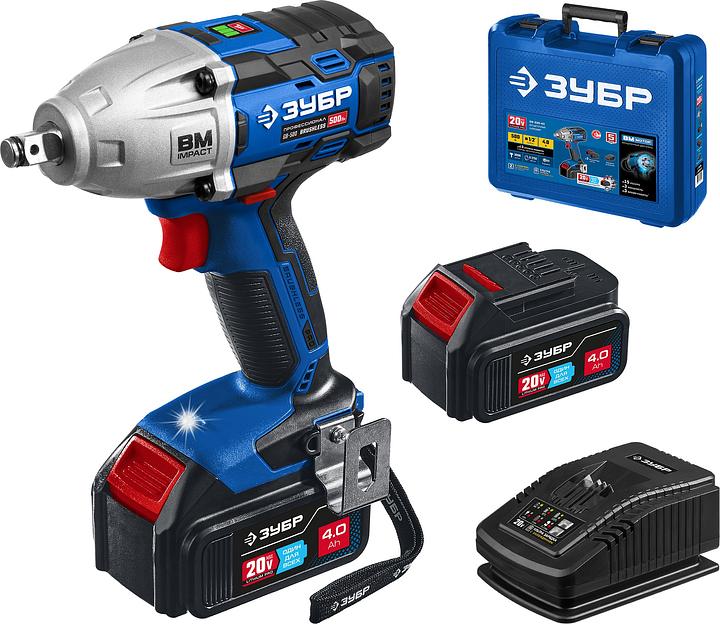 ЗУБР Т7, 20 В, 500 Н·м, 2 АКБ (4 А·ч), бесщеточный гайковерт, кейс, Профессионал [GB-500-42] фото 1