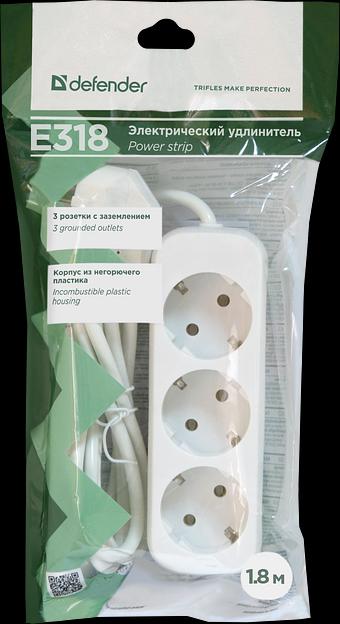 Сетевой удлинитель Defender E318 1.8м (3 розетки) белый (пакет ПЭ) фото 4